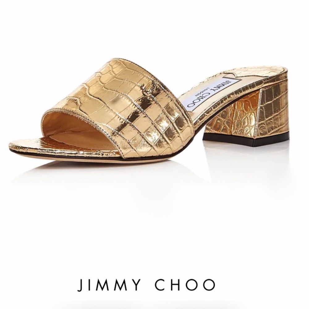 🌟JIMMY CHOO Never Worn- Minea Gold Croc Embossed Block Heel Slides Size 39/US 9